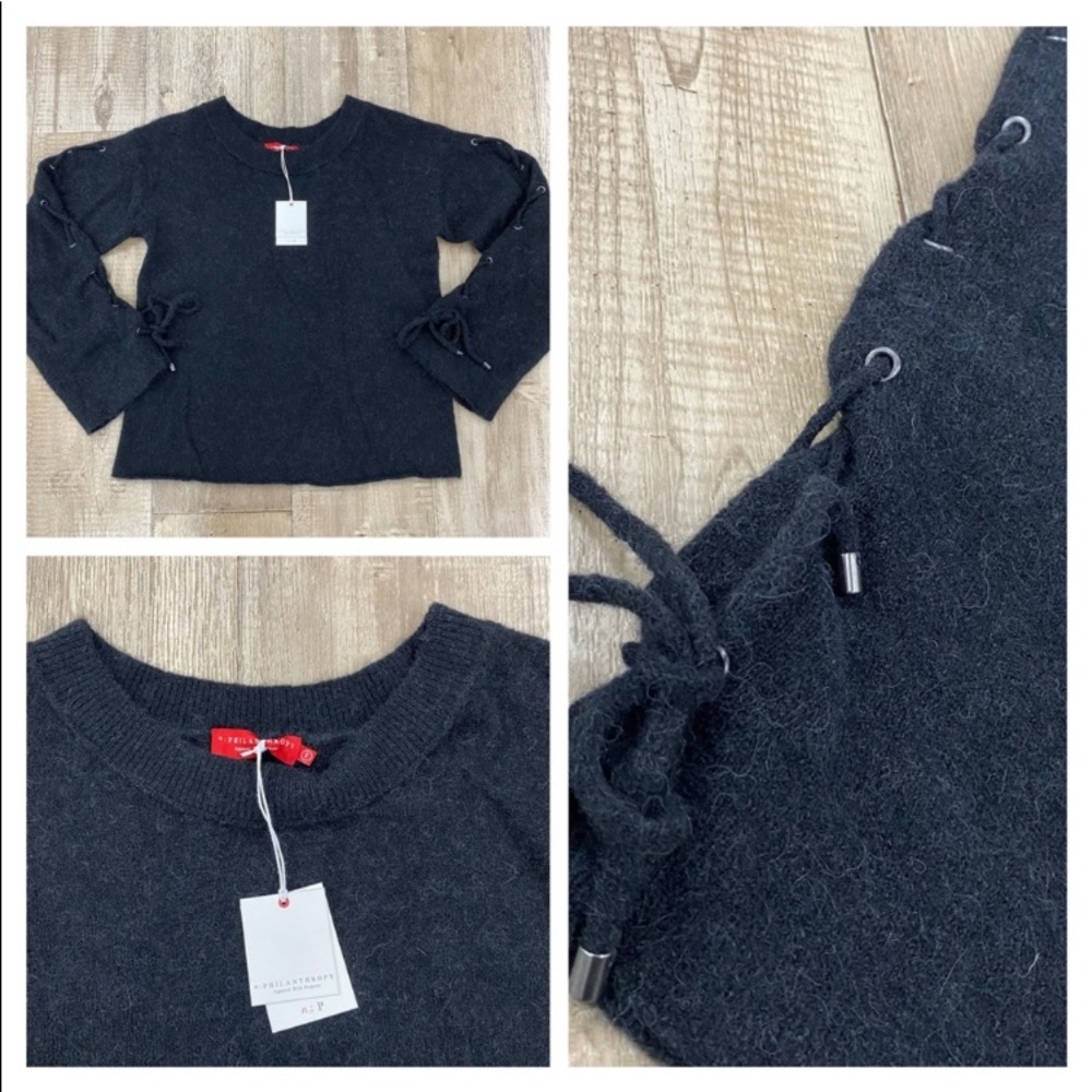 NEW! $228 n:PHILANTHROPY Amy Lace-Up Sleeve Sweater Black Cat Size Small